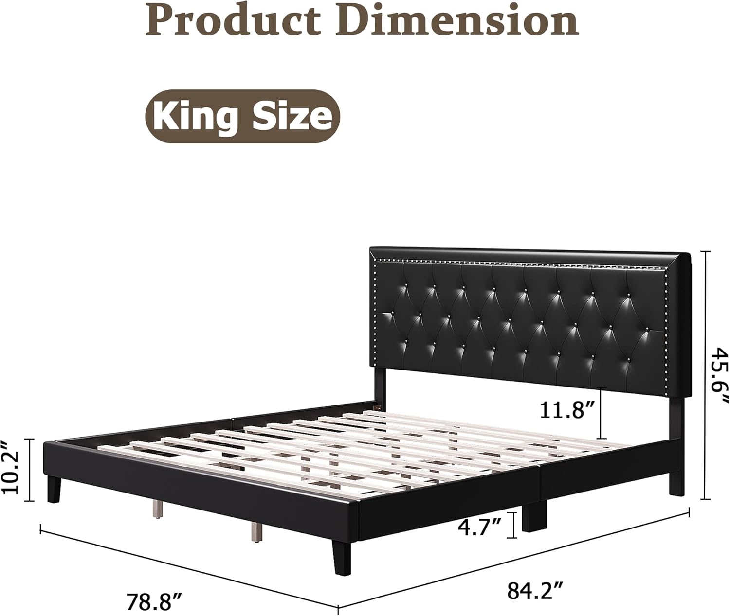 Homhougo Upholstered Platform Bed with Diamond Button Tufted & Nailhead Trim Headboard, King Size Bed Frame, Faux Leather, Wood Slats Support, Easy Assembly, No Box Spring Needed