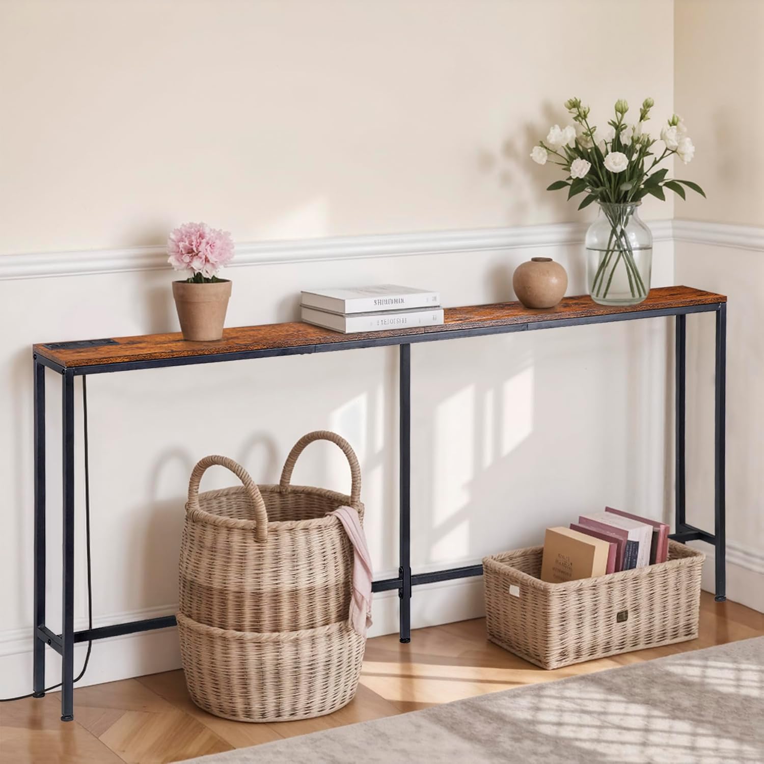 70.8 Inch Wood Console Table with Outlet, Narrow Sofa Table with Charging Station, Entryway Table Hallway Table, Behind Couch Table, for Living Room, Hallway, Foyer, Rustic Brown