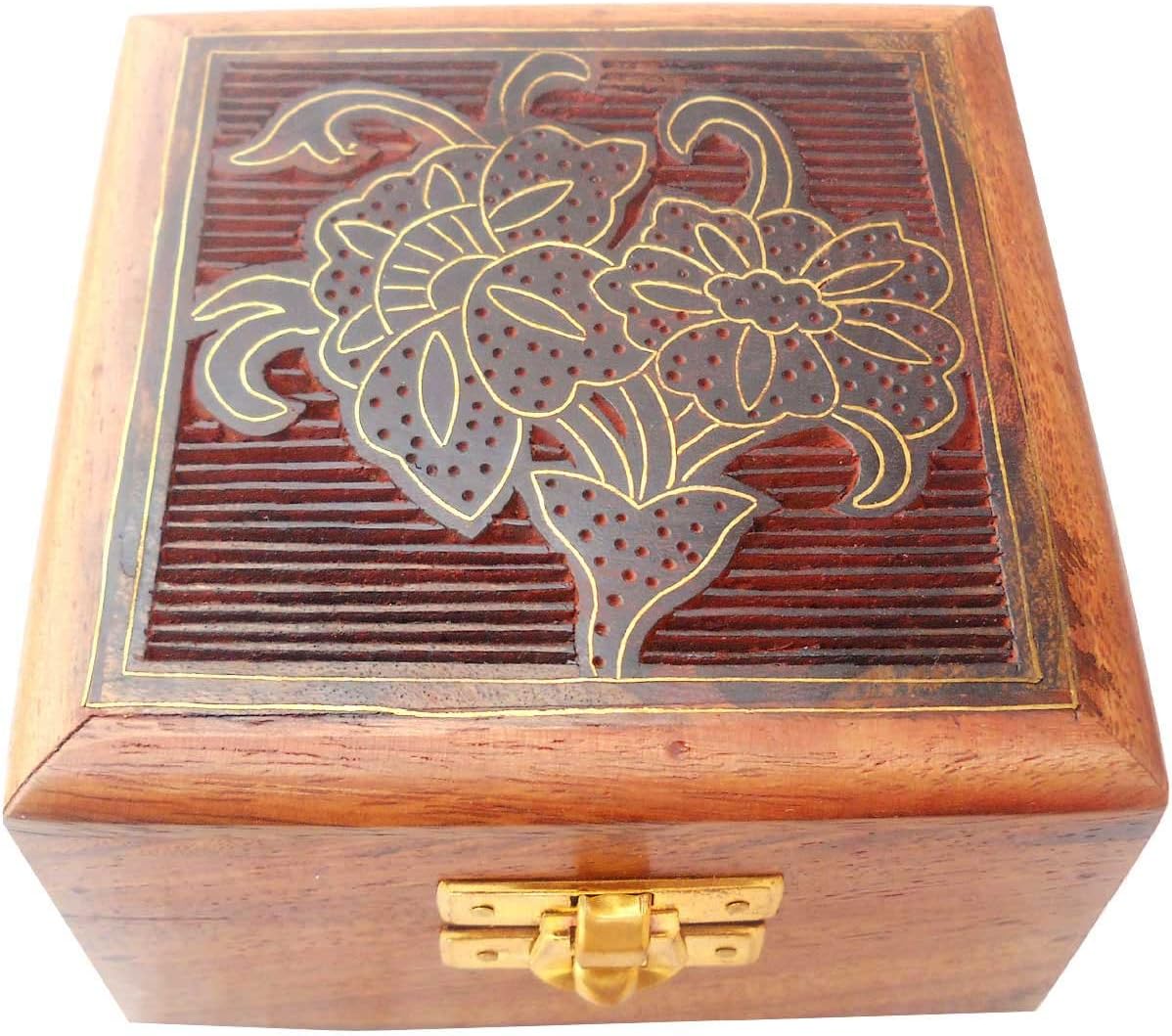 Crafts of India Hand Made Brass Inlay Sheesham Wood Jewelry Box Indian - Size 5