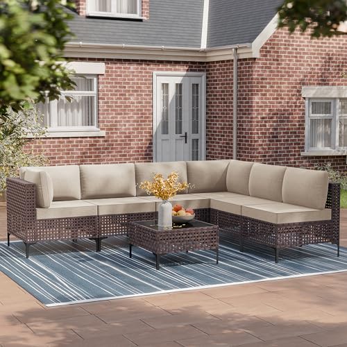 7 Pieces Patio Fuiniture Set Wicker Outdoor Sectional Sofa,All Weather Brown PE Rattan Outdoor Conversation Set w/Thick Cushions and Glass Coffee Table,NavyBlue