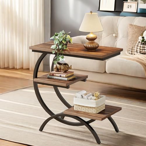 C-Shaped Side Table, Dark Brown Industrial 3-Tier End Table, Modern Bedside Table with Storage Shelves for Living Room, Bedroom (Dark Brown)