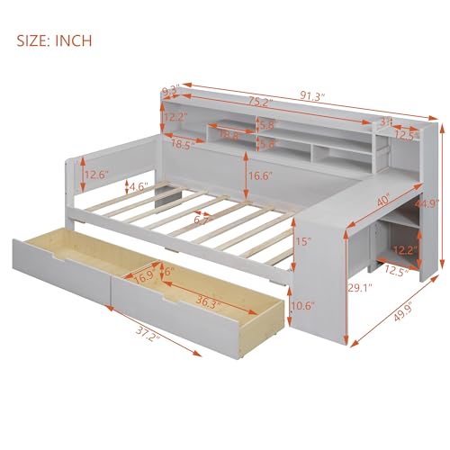Twin Size Daybed with Storage Drawers and Shelves, Pine Wood Corner Bed Frame with Bookshelf and Upholstered Headboard for Kids Boys Girls, White
