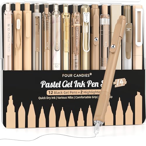 Four Candies 14Pack Pastel Gel Ink Pen Set,Cute Retractable 0.5mm Fine Point Pen,Note Taking Aesthetic Pens,12 Pack Black Ink Pens with 2Pack Highlighter, Smooth Writing Pens for School, Office(Green)