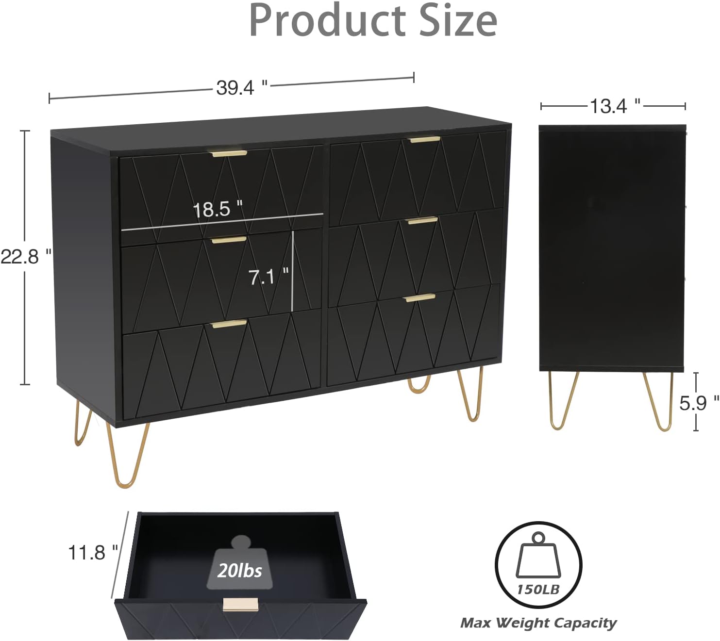 Anbuy Black 6 Drawer Dresser for Bedroom, Large Double Dresser with Wide Drawers and Gold Handles, Modern Chest of Drawers