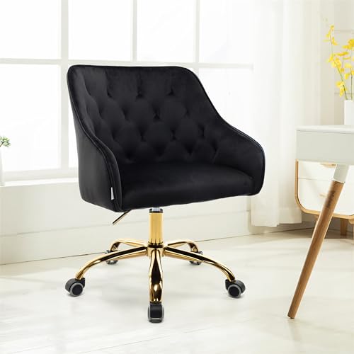 Velvet Office Swivel Chair with Gold Base,Vanity Chair,360° Swivel Armchair Reception Chair with Adjustable Height for Living Room/Bed Room,Modern Upholstered Computer Desk Chair (Teal)