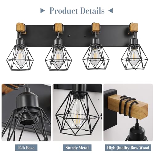 Farmhouse Vanity Light for Bathroom, 5-Light Wood Bathroom Vanity Light Fixtures Over Mirror, Rustic Sconces Wall Lighting with Metal Lampshade for Living Room, Bedroom, Hallway