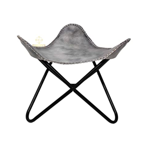 Brown Leather Butterfly Chair Stool – Handmade Leather Ottoman – Iron Frame Furniture Stool – Living Room Comfortable Footrest Foot Stool - Lounge Office Stool