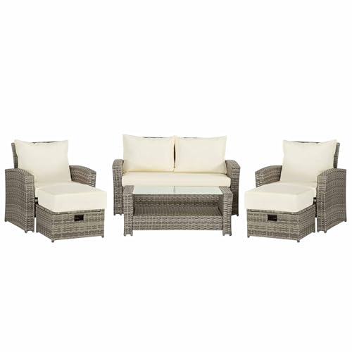 4PCS Patio Furniture Set, Outdoor Wicker Conversation Sectional L-Shaped Sofa with 4 Seater Thickness Coffee Table, for Backyard, Porch, Onesize, E-Beige Cushion+Brown Rattan