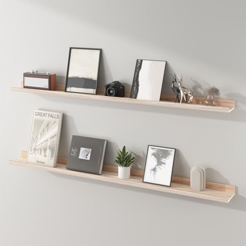 SAUMONIERES Picture Ledge Shelf Floating Book Shelves Wall Mounted Solid Wood for Bedroom Living Room Kitchen, Rustic Grey, 72 Inch Set of 2