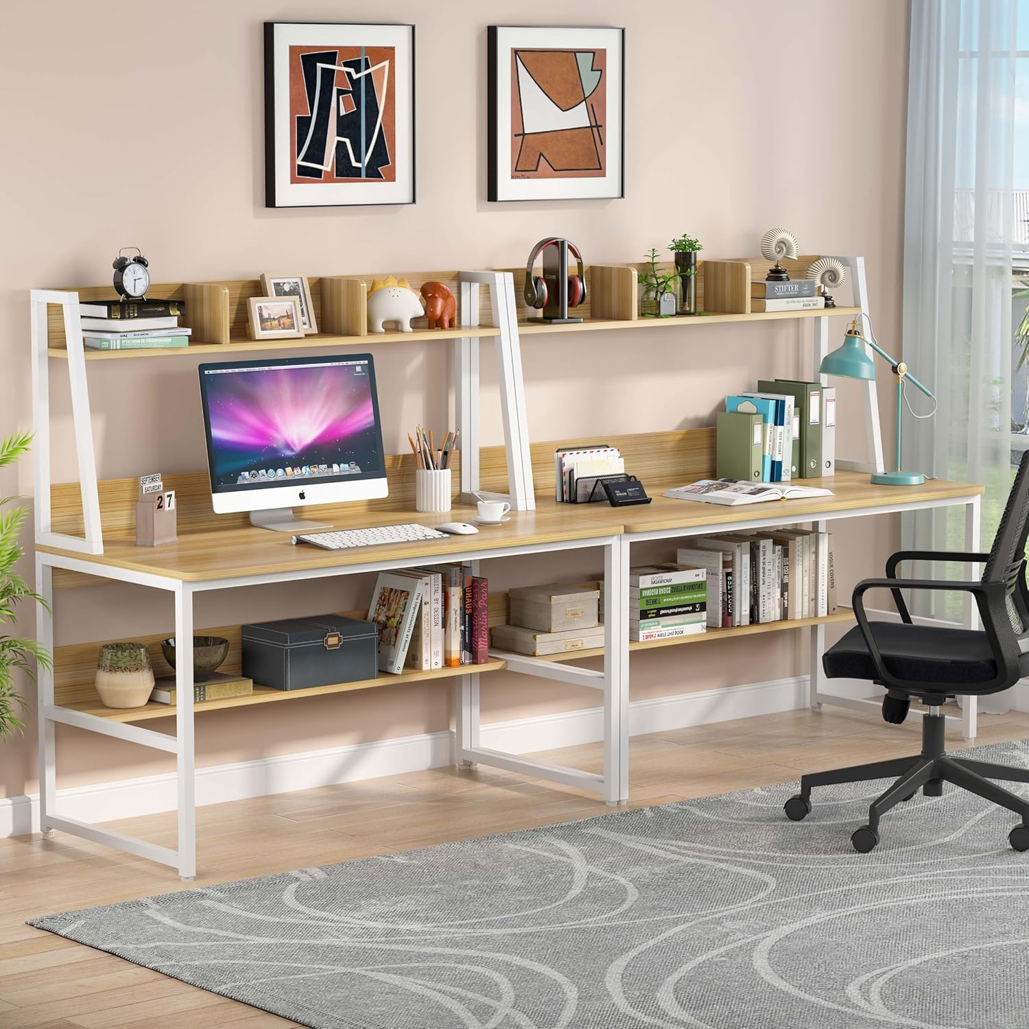 Overstock Computer Desk with Hutch and Bookshelf,Home Office Desk,Study Writing Table Light Walnut