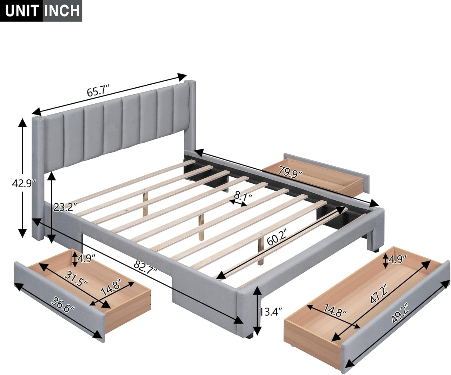Upholstered Queen Size Platform Bed Frame with 3 Storage Drawers and Headboard, Diamond Stitched Button Tufted, Mattress Foundation with Wooden Slats Support, No Box Spring Needed, Gray