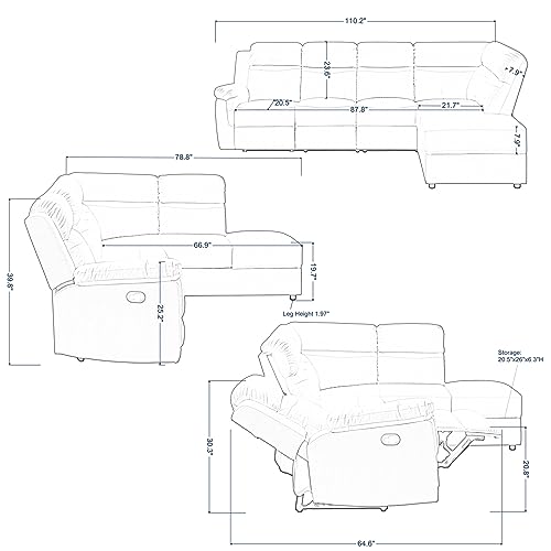 TRIPLE TREE 110.2'' Manual Reclining Sectional Sofa with Streamlined Recline Seating,L Shape Sofa with Consoles and 2 Cup Holders,Sofa Couch with Storage for Living Room,Beige