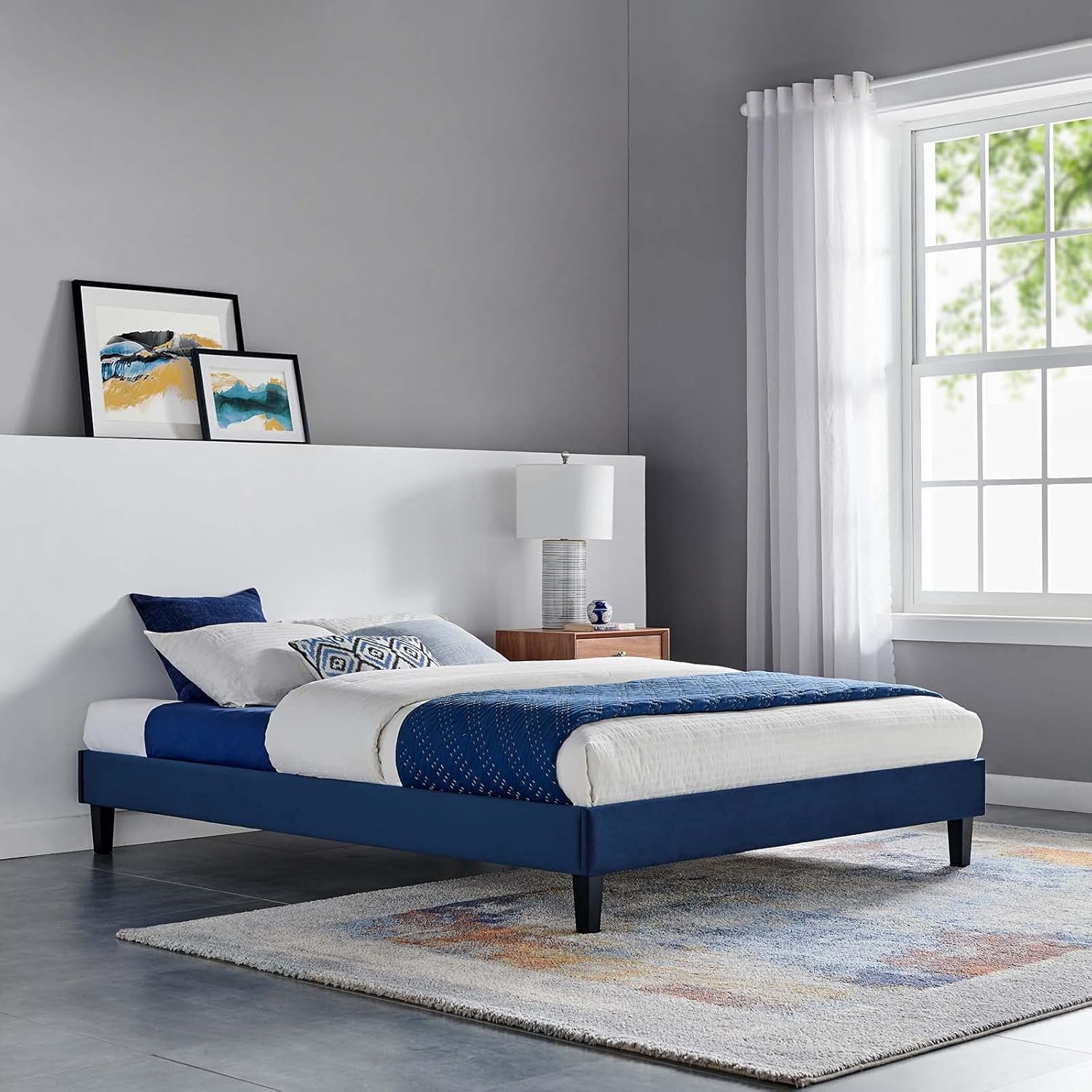 Platform Bed Frame, King Size, Velvet, Blue Navy, Modern Contemporary, Bedroom Master Guest Suite