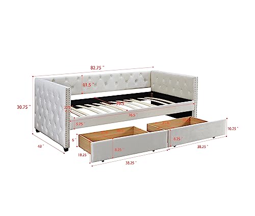 Velvet Upholstered Daybed with Double Drawers, Modern Twin Size Day Bed Button-Tufted Sofa Daybed Frame for Bedroom Living Guest Room, No Box Spring Needed (Beige 067)