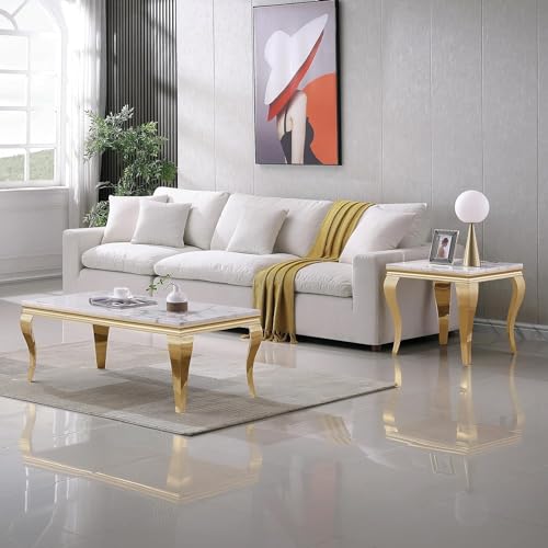 3 Piece Living Room Table Set, Faux Marble Coffee Table and 2 Gold End Tables, Rectangular Modern Luxury Gold Coffee Table Set of 3 with Stainless Steel S-Legs for Apartment, Bedroom