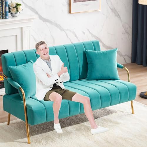 62 Inches Velvet LoveSeats Small Couches for Small Spaces Metal Armrest Double Modern Couch for Bedroom, Living Room, Apartments, Pink