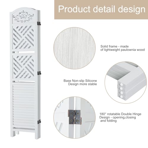 Room Divider with Shelves, 5.75ft Tall Folding Wood Carved Screen with Double Hinges for Home Office Bedroom Hotel Decoration (4 Panels, Pure White)