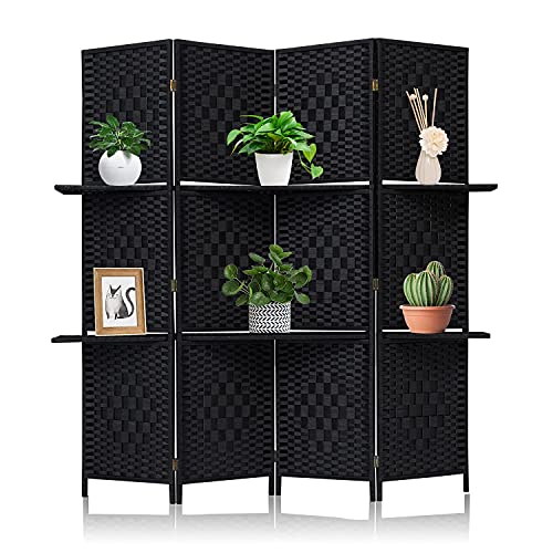 Wooden Room Dividers Folding Screen - Wide-Diamond Weave Folding Screen, with Removable Storage Shelves, 4 Panels, 6FT Tall (Black)