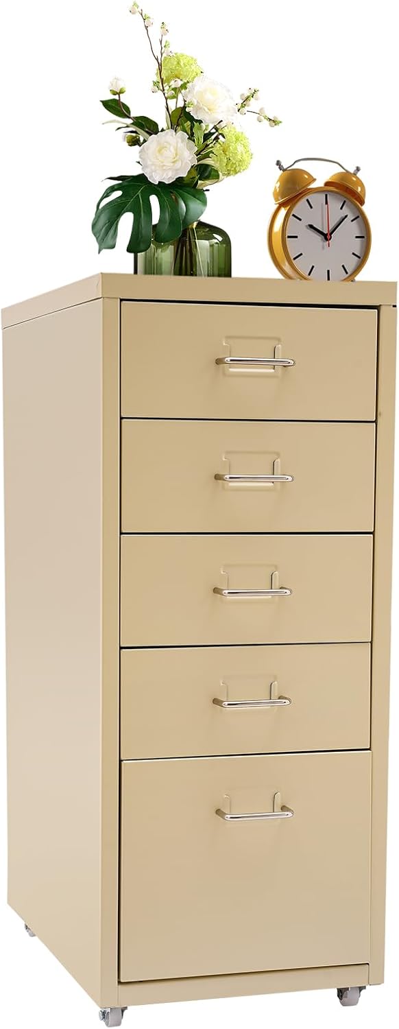 File Storage Cabinet,Storage Cabinet with 5 Drawers, 5-Drawer Storage Cabinet with Wheels,Beige, Storage Cabinet for Makeup, for Home Office, Study, Easy Assembly,Office File Cabinet