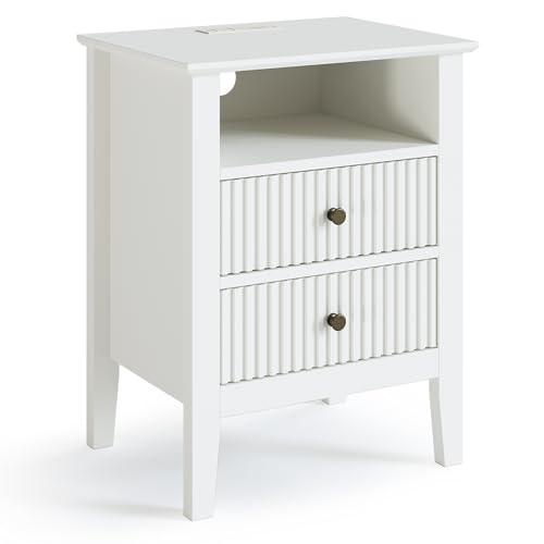 White 3 Drawer Dresser Set of 2 with Fluted Panel, Modern Chest of Drawers with Silent Slide Drawers, Wood Accent Nightstand with Storage for Bedroom Living Room, Nursery, Hallway