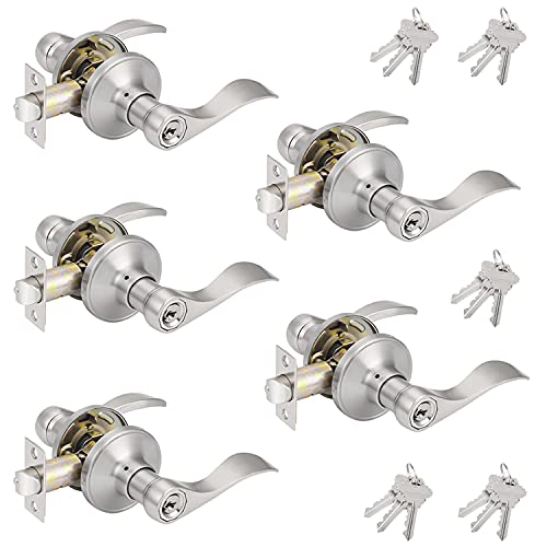 Probrico 10 Pack Keyed Alike Entry Levers, Wave Style Satin Nickel Entry Locksets, Exterior Interior Door Levers with Lock and Same Keys(for Bedroom or Office)