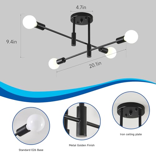 Modern Sputnik Chandelier, 4-Light Industrial Semi Flush Mount Ceiling Lights Fixture, Farmhouse Ceiling Mount Lighting Fixtures for Dining Room Bedroom Living Room Foyer Kitchen
