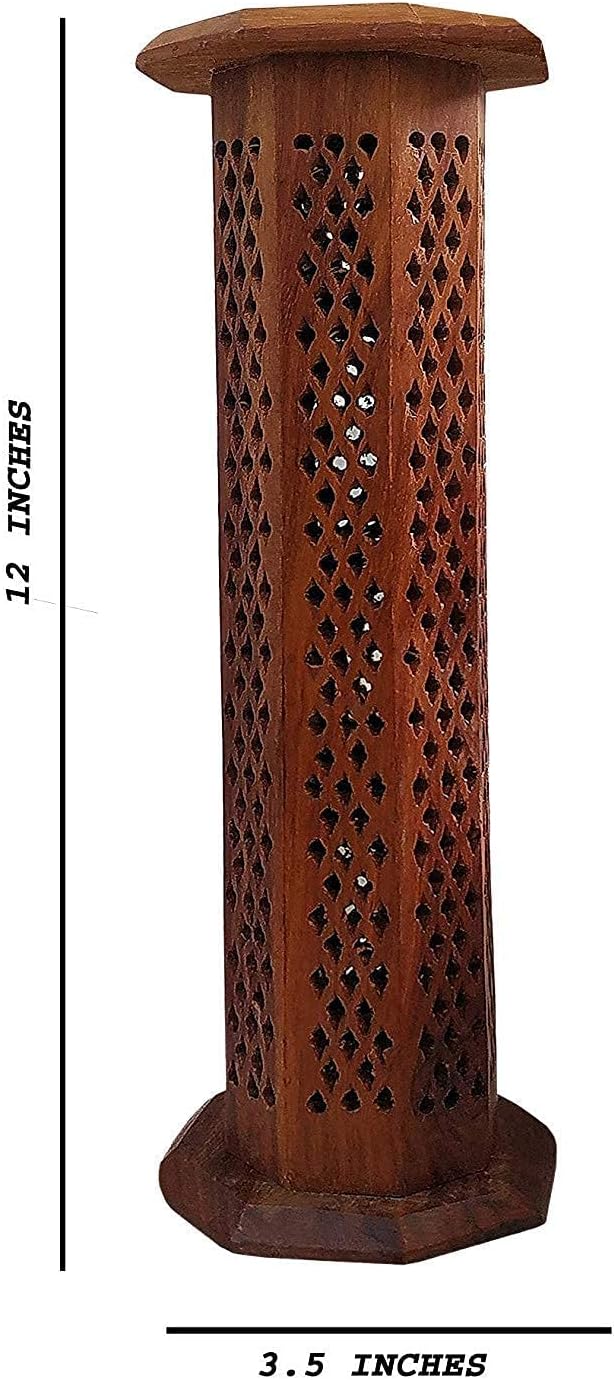 Sheesham Wood Tower Incense Stick Holder, Height 12 in, Base 7.5 x 7.5 in