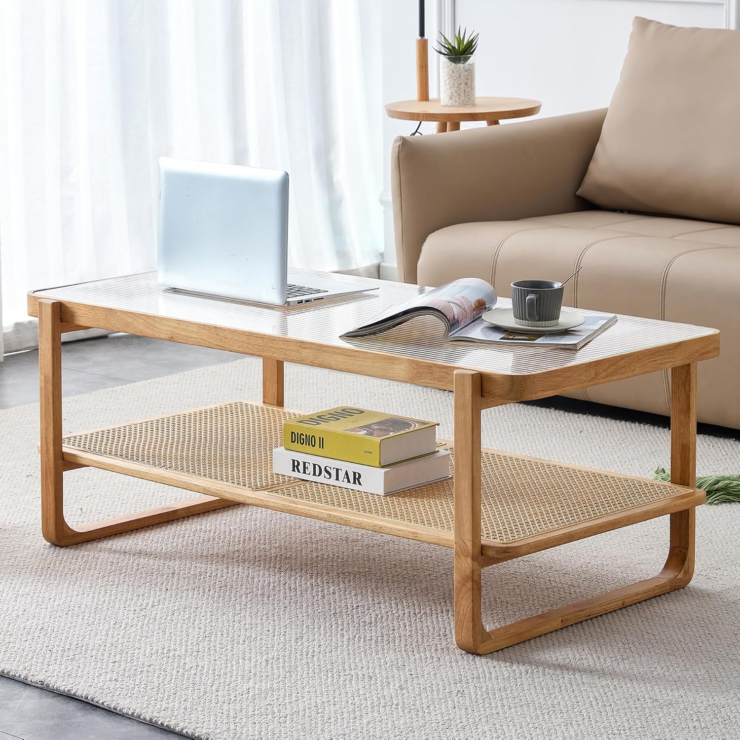 Coffee Table 45 in Modern Simple Rectangle Double Layer Solid Wood Tea Table Rattan Woven Side Table Small Table Suitable for Living Room Dining Room Bedroom Watermarked Clear Glass Desktop