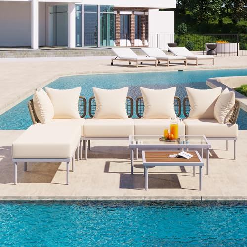 Stylish 8-Piece Patio Sectional Sofa Set with Tempered Glass Coffee Table and Wooden Coffee Table,for Porch Lawn Garden Backyard Oasis Garden Poolside (Light Grey@2Table)