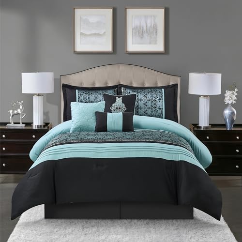 Grand Avenue Grey Comforter Set King Size, 7 Piece, Jacquard Home Decor, Matcking Bed Skirt, Pillows & Shams, All Season Bedding Set