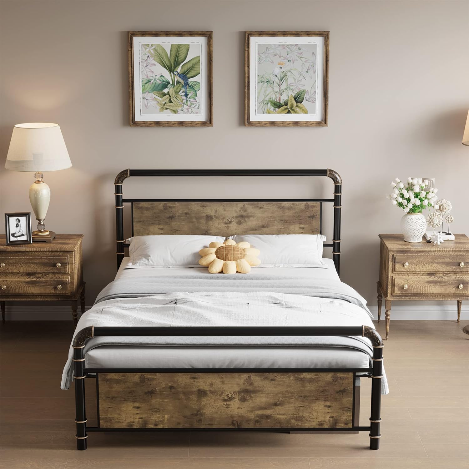 Homhougo Full Size Metal Bed Frame with Wood Headboard & Footboard, Heavy Duty Platform Bed Frame with 14