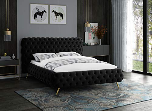 Meridian Furniture Delano Collection Modern | Contemporary Velvet Upholstered Bed with Deep Button Tufting and Custom Gold Metal Legs, Queen, Black