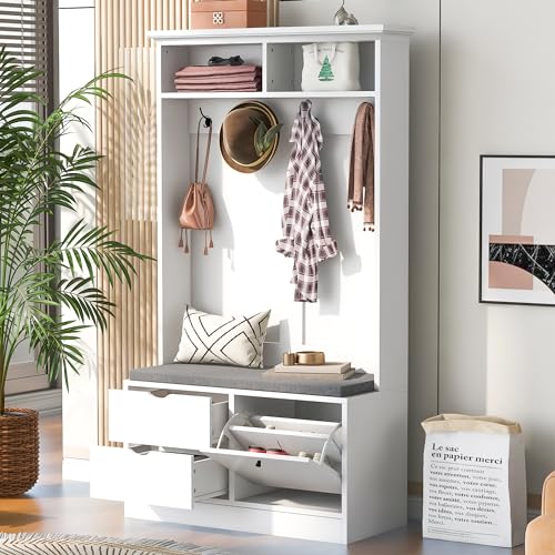 LUMISOL Hall Tree with Storage Bench and Sliding Doors, Mudroom Coat Storage with Hanging Hooks, Wooden Hallway Shoe Cabinet with Shelves for Entryways, White