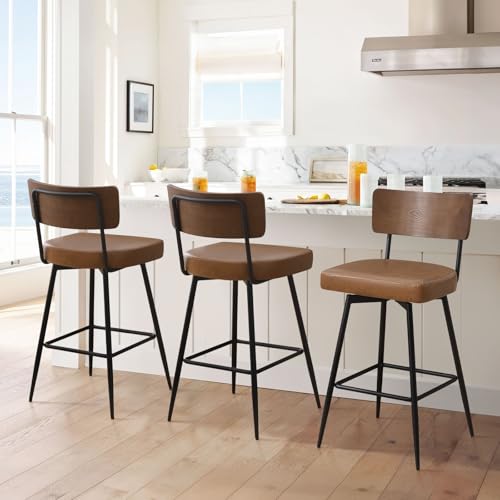 Counter Height Swivel Bar Stools Set of 3, Upholstered Faux Leather Barstools with Wood Backs and Metal Legs, 26