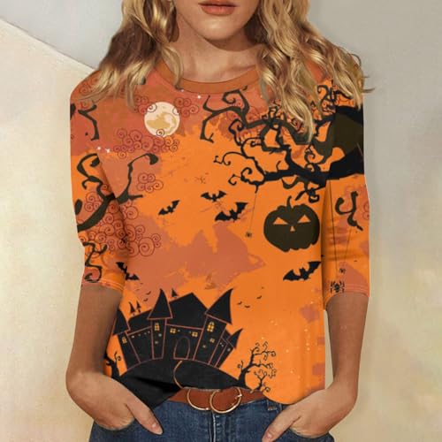 Womens Business Casual Tops Halloween Printed Fall Blouses Women Tops 3/4 Sleeve Slacking Crew Neck Tops for Women