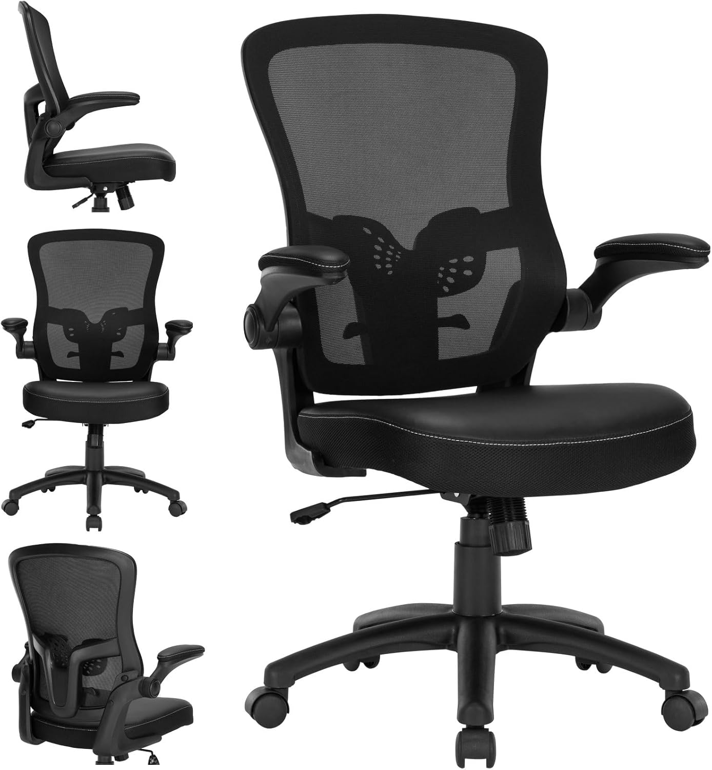 Office Chair with Adjustable Arms, Ergonomic Desk Chair Pu Leather Computer Chair Comfortable Rolling Home Office Chair with Adjustable Lumbar Support Padded Executive Chair 300lbs