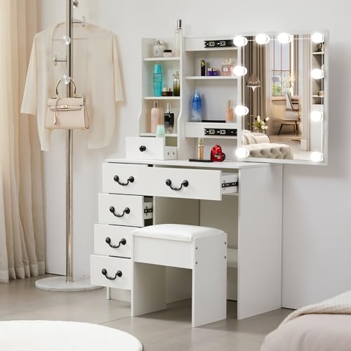 Vanity Desk with Mirror & Light,Makeup Vanity Table with Power Strip,Dressing Table Set with Large Drawers, White (VAN-07)