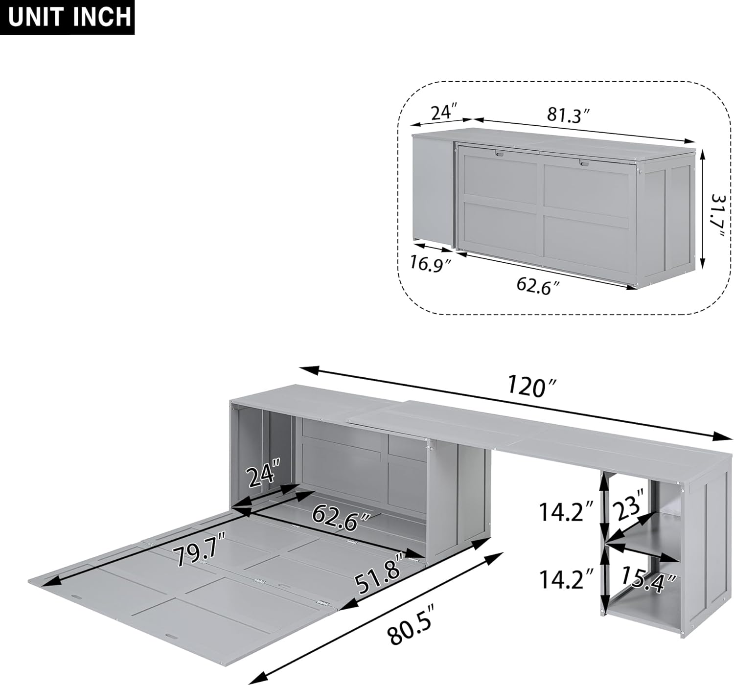 Queen Size Murphy Bed with Rotating Desk, Gray Finish - Multifunctional Space Saver 120x80.50x31.70 in.