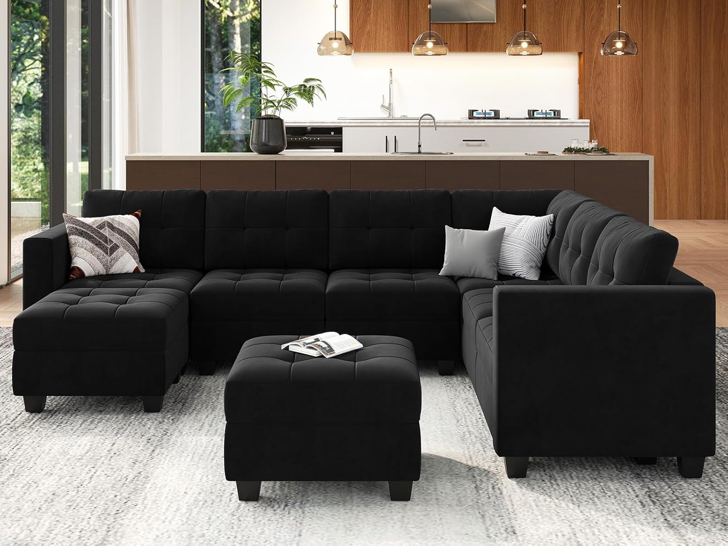 Belffin U Shaped Sectional Modular Sofa Set with Chaise, Reversible Sectional Modular Sofa Couch with Ottomans, Velvet Fabric Sectional Couch with Storage Seats,Black