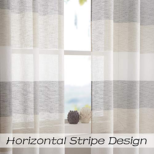 Central Park Gray Tan Stripe Sheer Color Block Window Curtain Panel Linen Window Treatment for Bedroom Living Room Farmhouse 72 inches Long with Grommets, 2 Panel Rustic Drapes