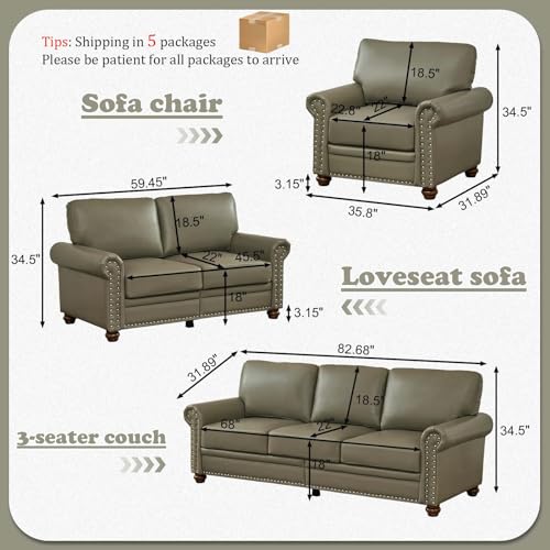 Antetek 3-Piece PU Leather Sofa Couch Set, Mid-Century Modern Arm Chair+Loveseat Sofa+3 Seater Couch with Storage Space, Comfy Upholstered Sofas for Living Room, Furniture Set, Taupe