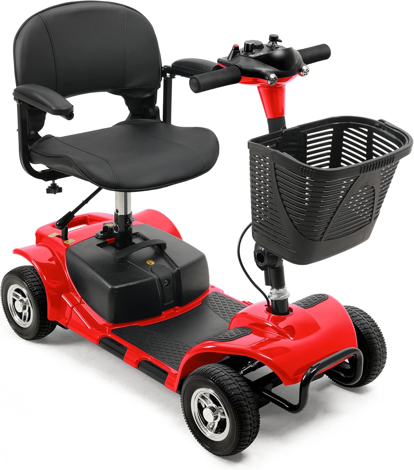 4 Wheel Mobility Scooter, Electric Power Mobile Scooters with Lights, Basket and Extended Battery, Collapsible and Compact Duty Travel Scooter w/Height-Adjustable Swivel Seat, for Seniors Adult, Red