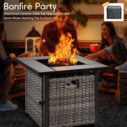 Patio Outdoor Conversation Set with Fire Pit Table,6 Piece Modern Outside Furniture with Swivel Rocking Chairs,PE Wicker Out Door Furniture Sofa Set(Light Grey)