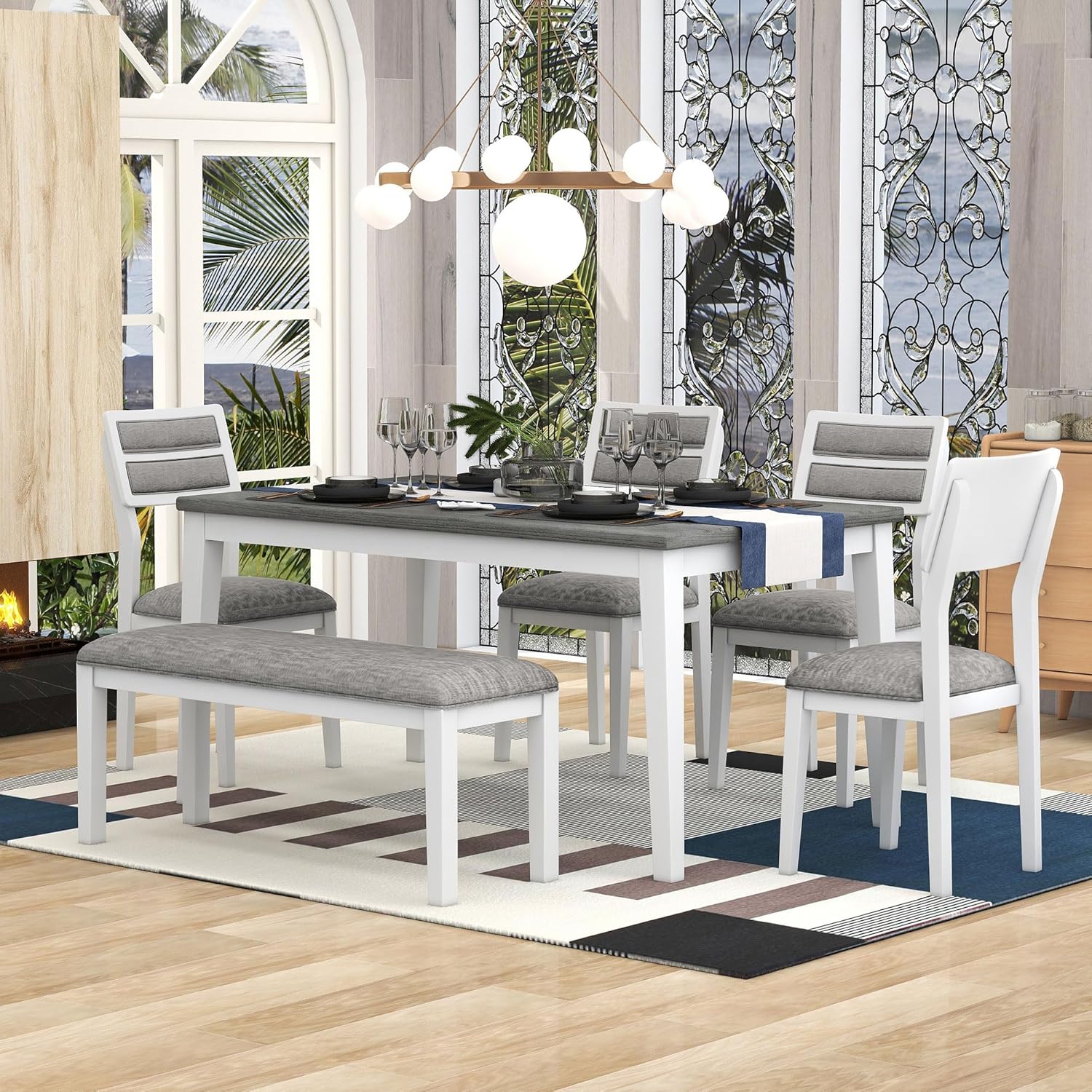Classic & Traditional Style 6-Piece Dining Set, includes 60''L Rectangular Table and 4 Upholstered Chairs & Bench, for Kitchen Living Room, (White+Gray)
