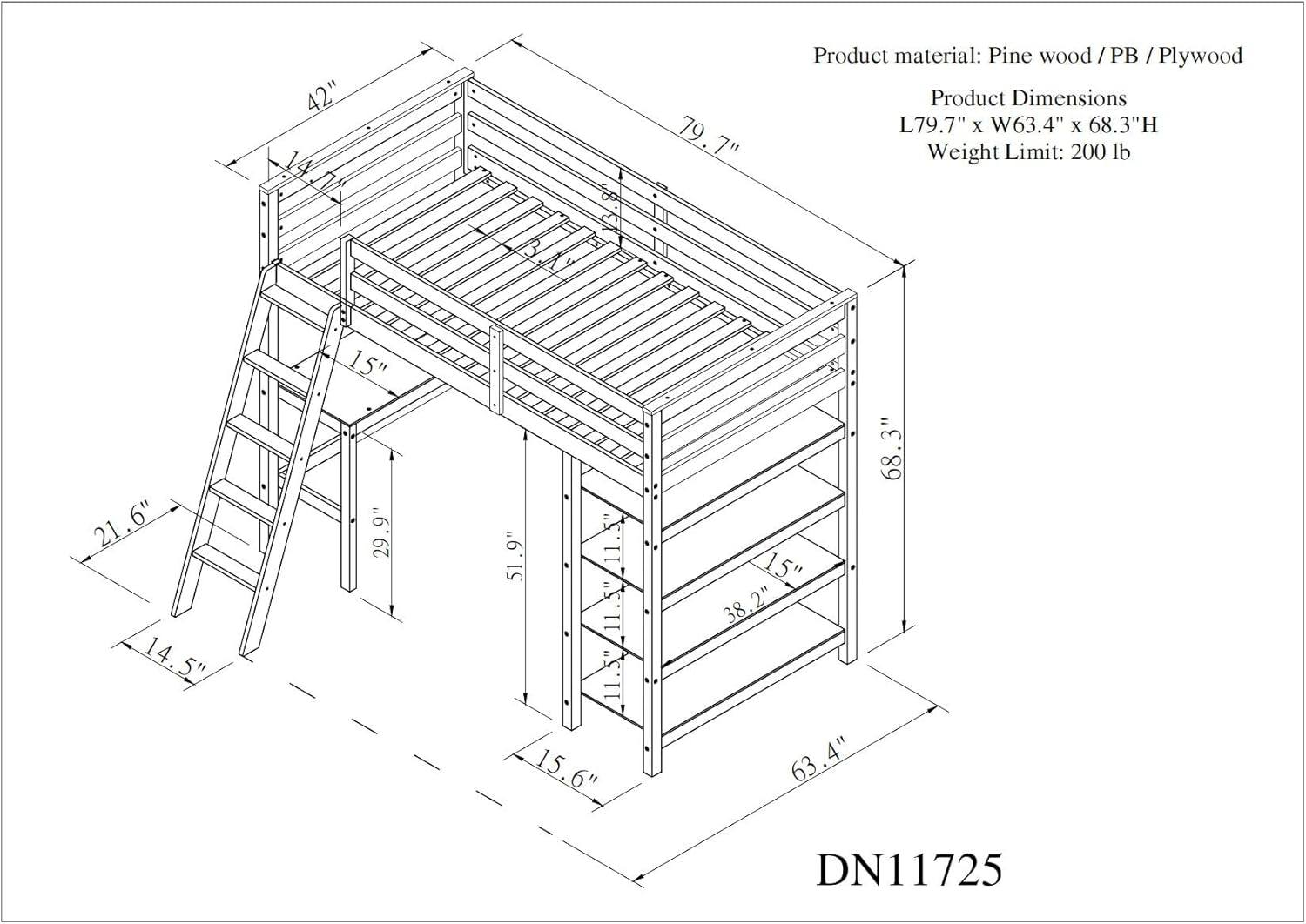 Loft Bed Twin Size with Desk and 4-Tier Storage Shelves, Wood High Loftbed Bedframe w/Bookshelf, Guard Rail & Ladder for Kids Teens Bedroom Dorm Apartment, Espresso