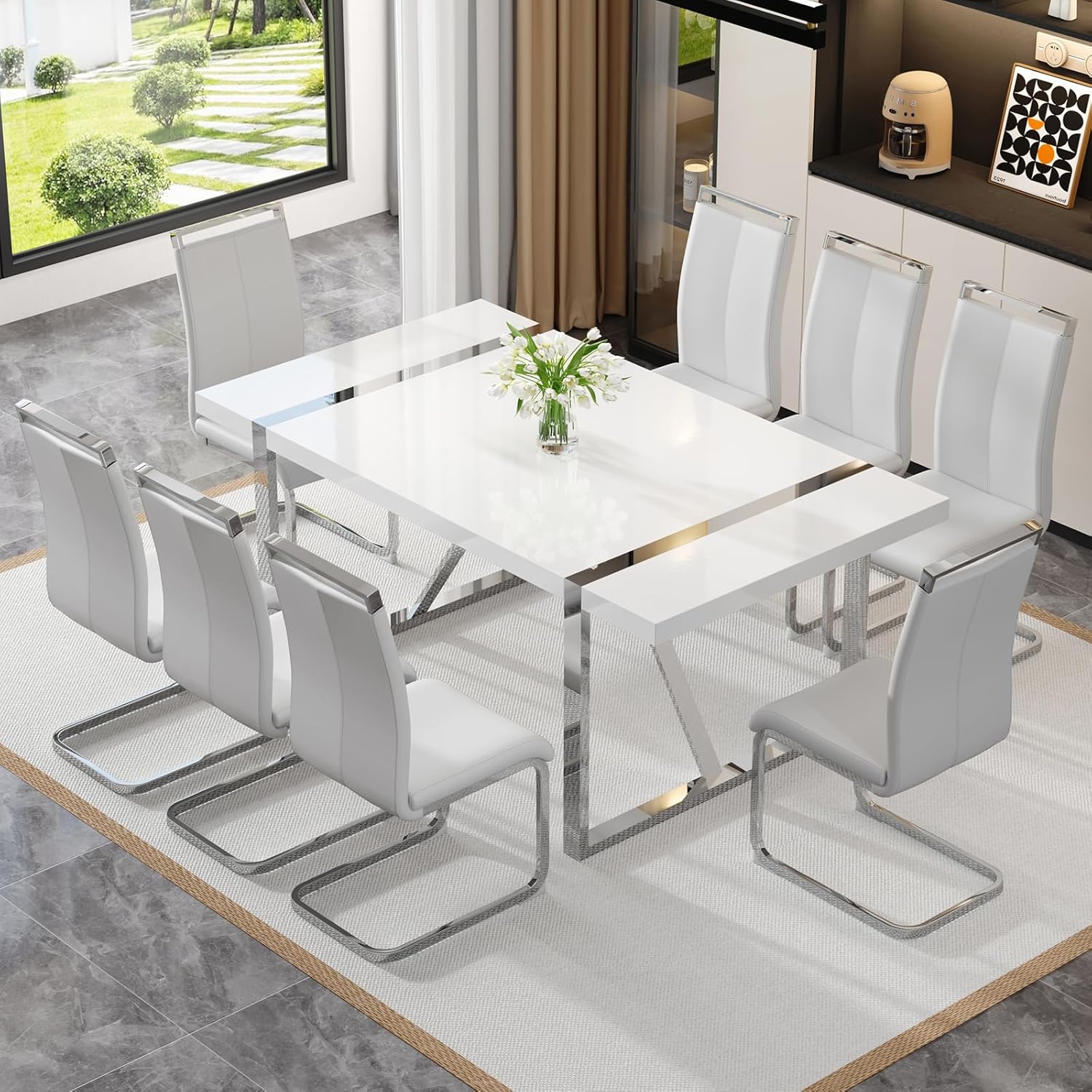 White Dining Table Set for 8，Rectangular MDF Kitchen Table and Leather Dining Chairs Set of 8, 9 Piece Dining Room Table Set，Modern Metal Frame Dinner Table Set 8 with Metal Frame For Kitchen
