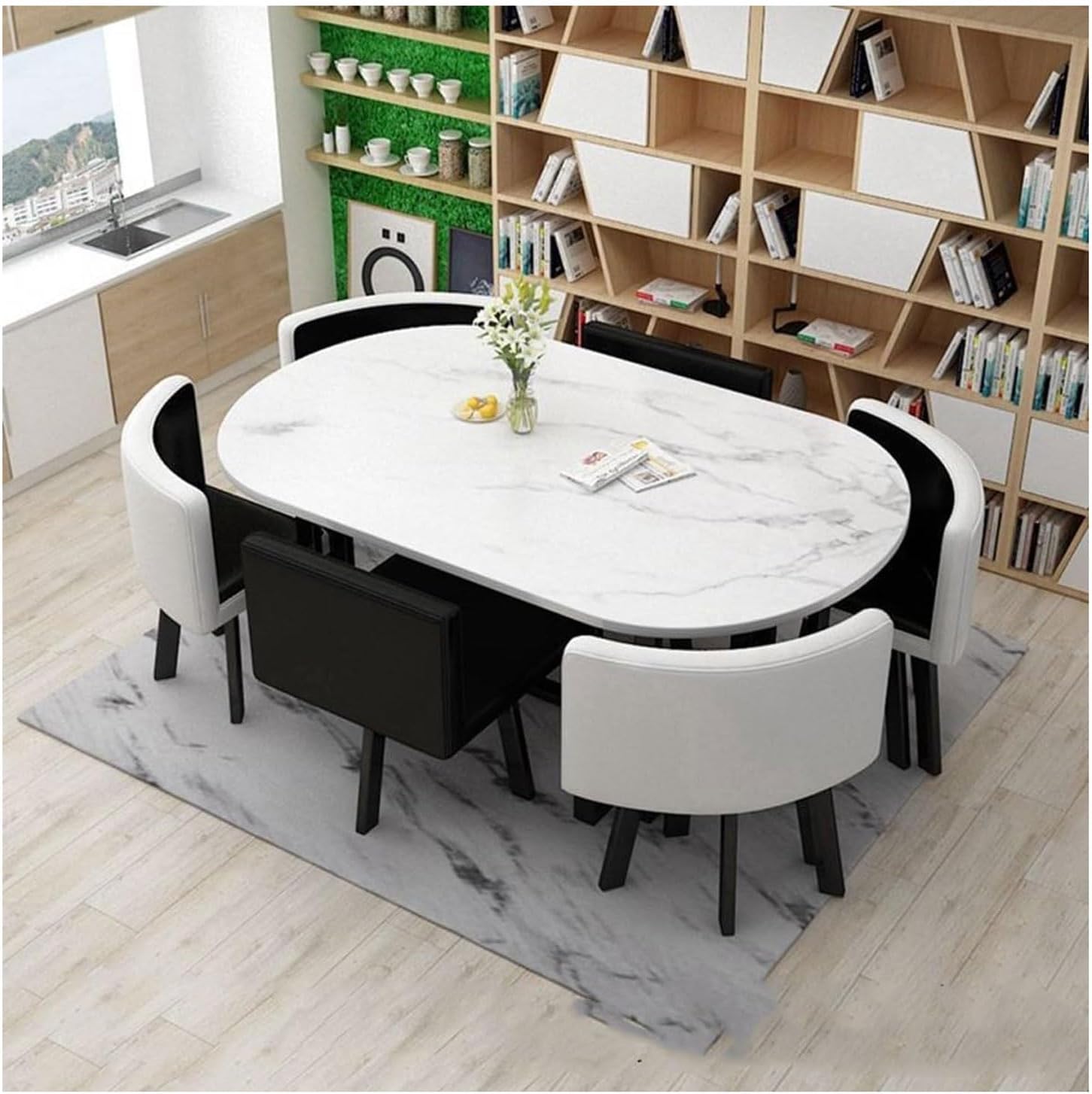 Oval Conference Dining Table and 6 Chairs Pu Seat Surface, Wooden Table Top and Metal Frame Business Office Reception Table Set