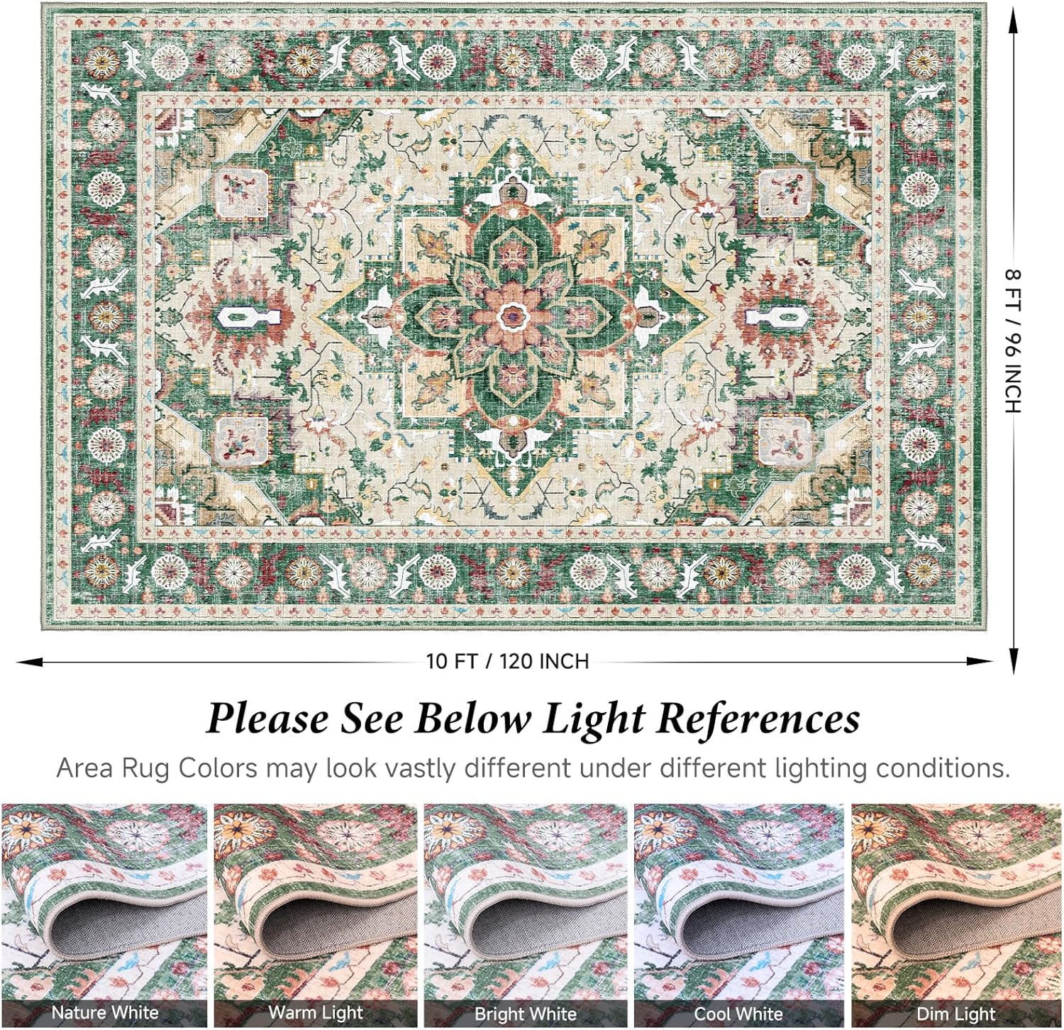 Vamcheer Vintage Washable Rug 8'x10' - Soft Green Large Rugs for Living Room, Bedroom, Dining Room, Home Decor, Machine Washable Area Rugs Non-Slip Non-Shedding