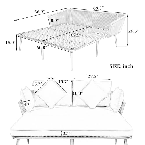 LUMISOL Outdoor Double Sun Lounger with Woven Nylon Rope Backrest, Patio Metal Daybed with Cushions and Pillows, Padded Chaise Lounges for Poolside Balcony, Beige