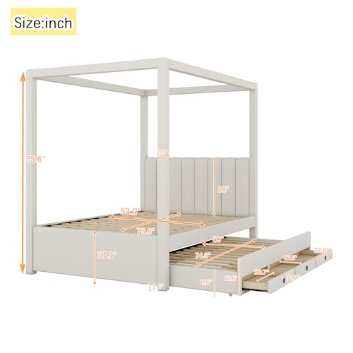 Wooden LED Canopy Platform Bed, 4 Poster Canopied Full Size Bed Frame with Headboard and Slat Support, Bedroom Mattress Foundation for Kids, Teens, Adults, No Box Spring Needed Easy Assembly